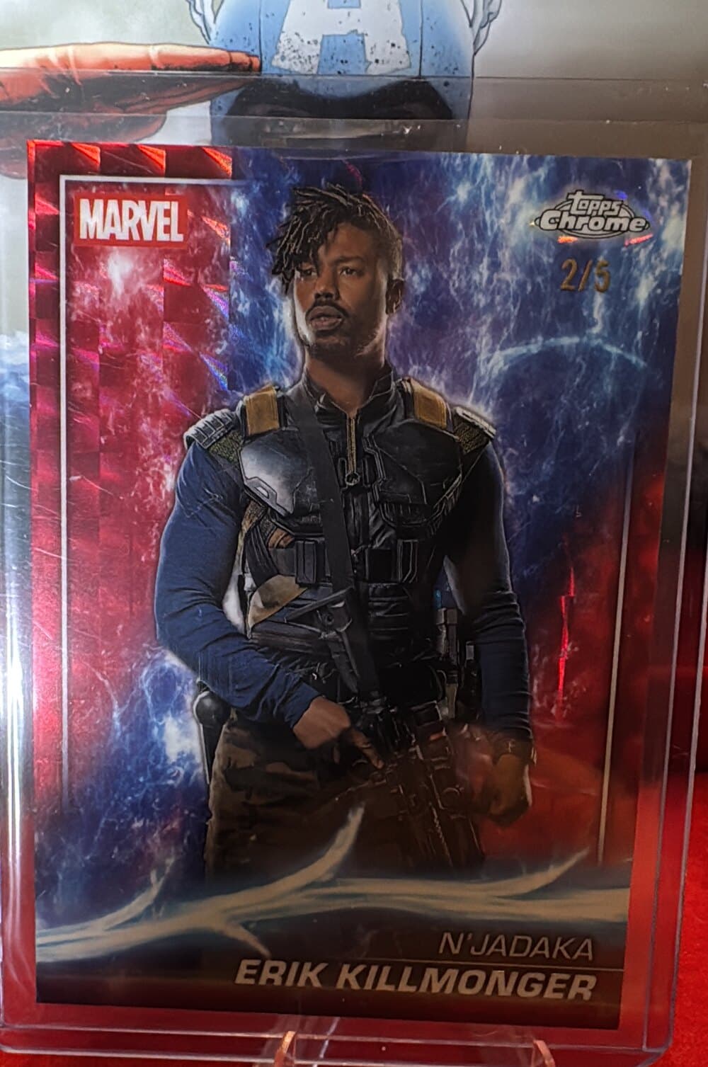 Topps Chrome Marvel Erik Killmonger red refractor card numbered 2 of 5.