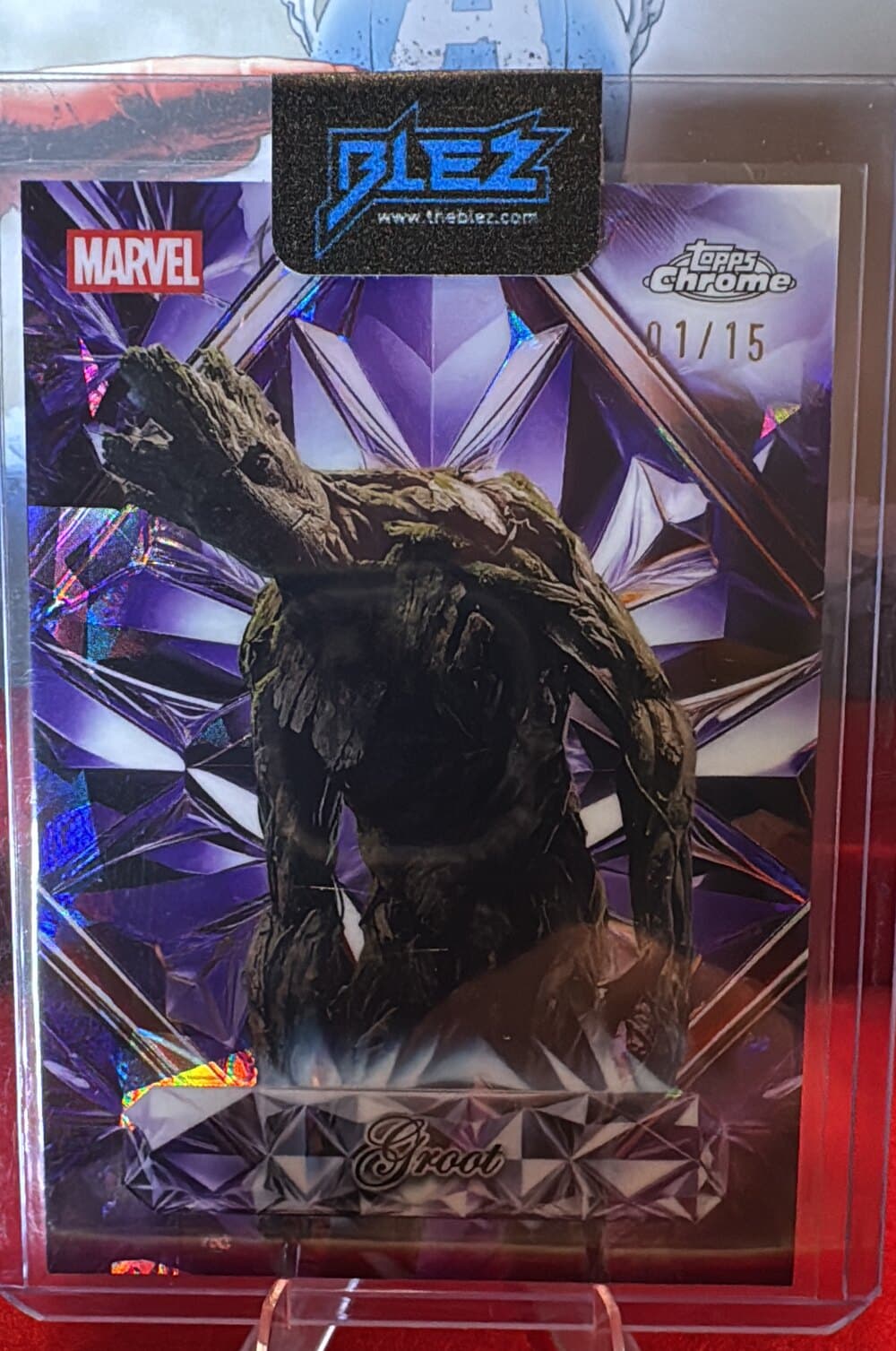 Topps Chrome Marvel Groot purple prism refractor card numbered 01 of 15.