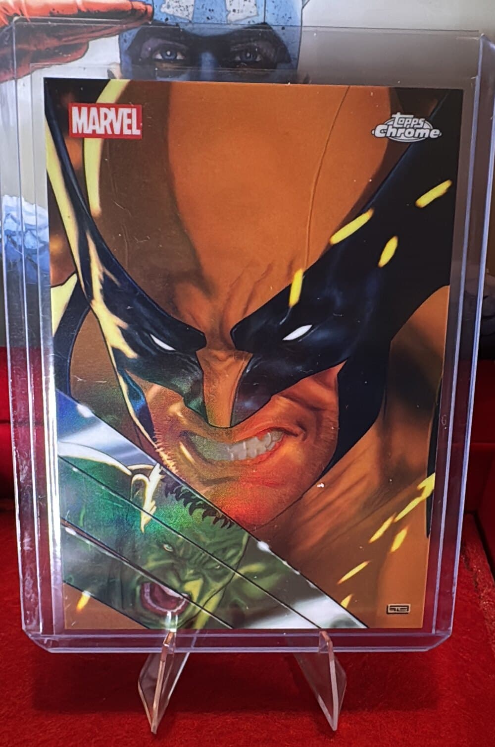 Topps Chrome Marvel Wolverine art card showing Wolverine mid-slash against the Hulk.