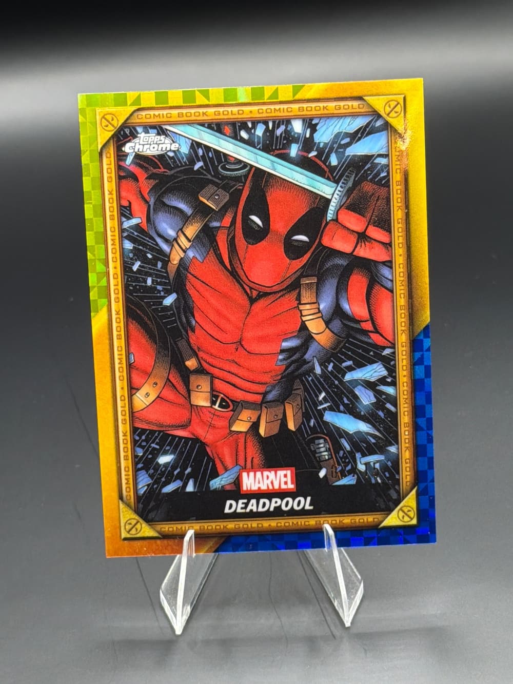 2026 Topps Chrome Deadpool Deadpool Comic Gold trading card.